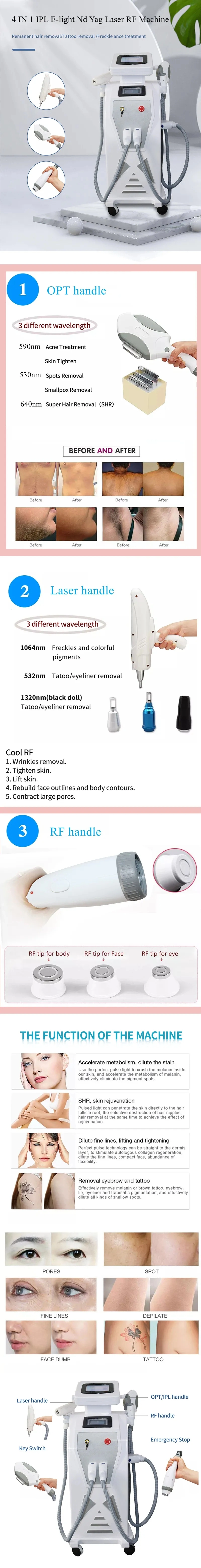 2023 Top Sales 4 in 1 IPL Tattoo RF Machine Multifunction IPL Hair Removal ND YAG Laser Tattoo Removal RF Face Lifting Machine
